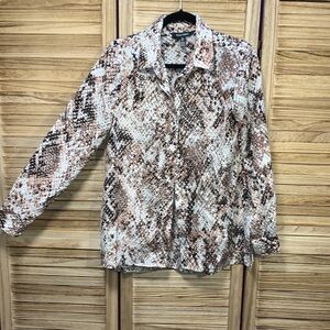 Ellen Tracy Exotic Long Sleeve Button Down Blouse Black Brown White M